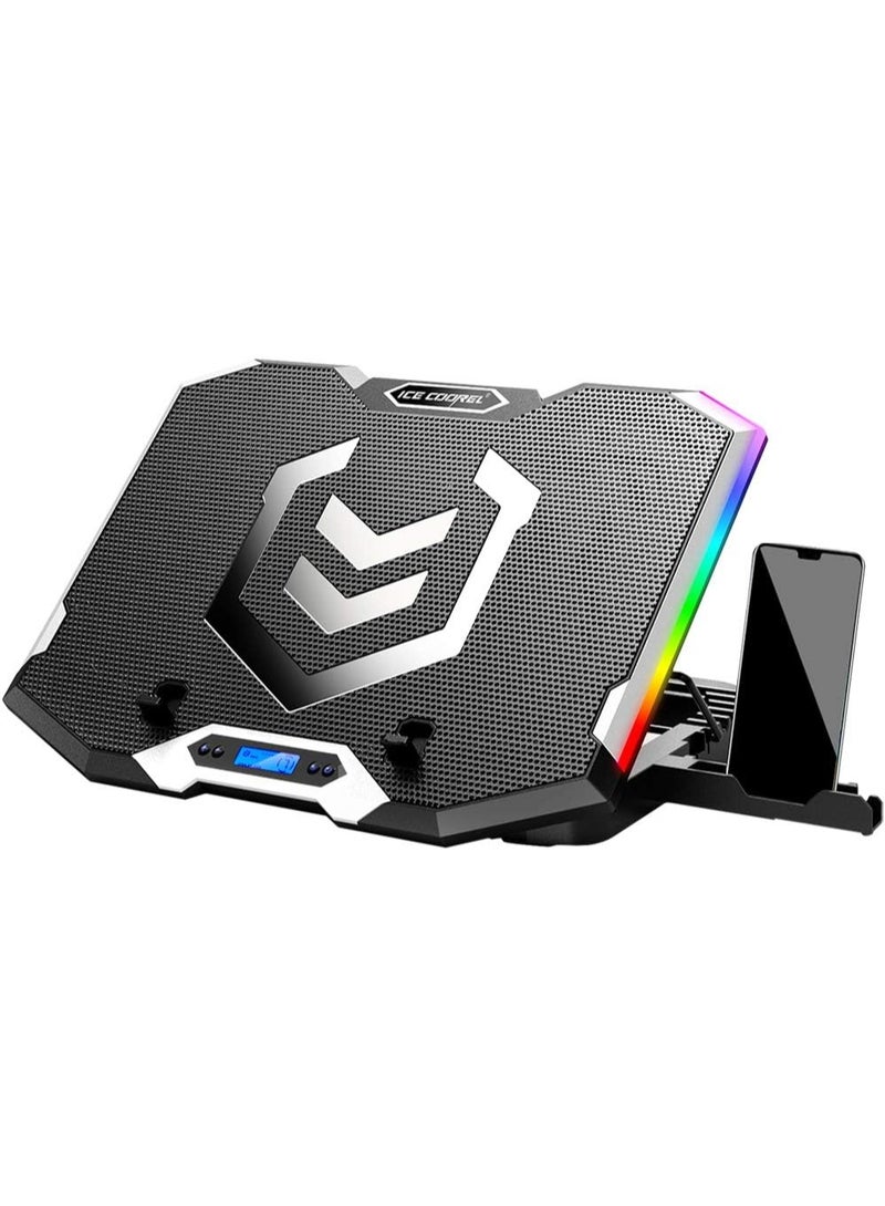 آيس كوريل قاعدة تبريد ICE COOREL لأجهزة الكمبيوتر المحمولة المخصصة للألعاب، مقاس 15-17.3 بوصة، مزودة بـ 6 مراوح تبريد، وحامل تبريد قابل لتعديل الارتفاع بستة مستويات، وإضاءة RGB، وشاشة LCD، ومنفذي USB، وحامل للهاتف. - Image 1